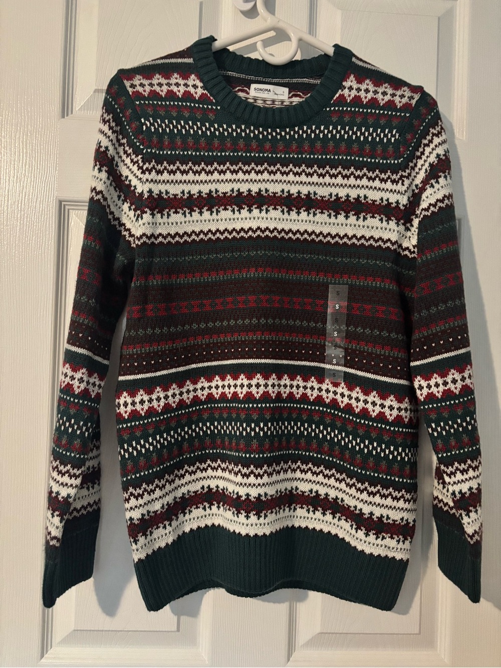 Sonoma Green Fair Isle Crewneck Sweater with White and Burgundy Pattern